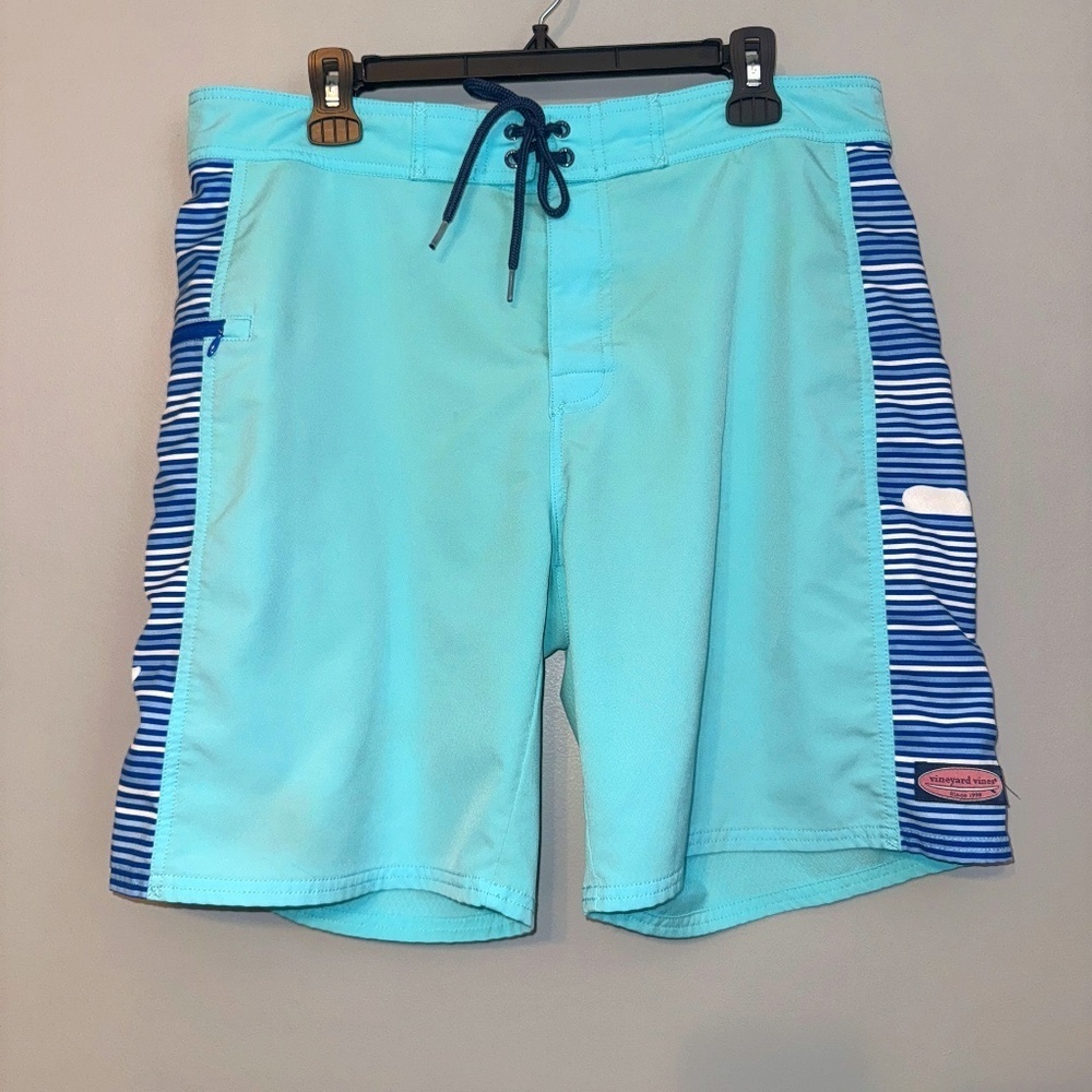 Vineyard Vines Teal Blue Stripe Board Shorts Swim Trunks Size 34